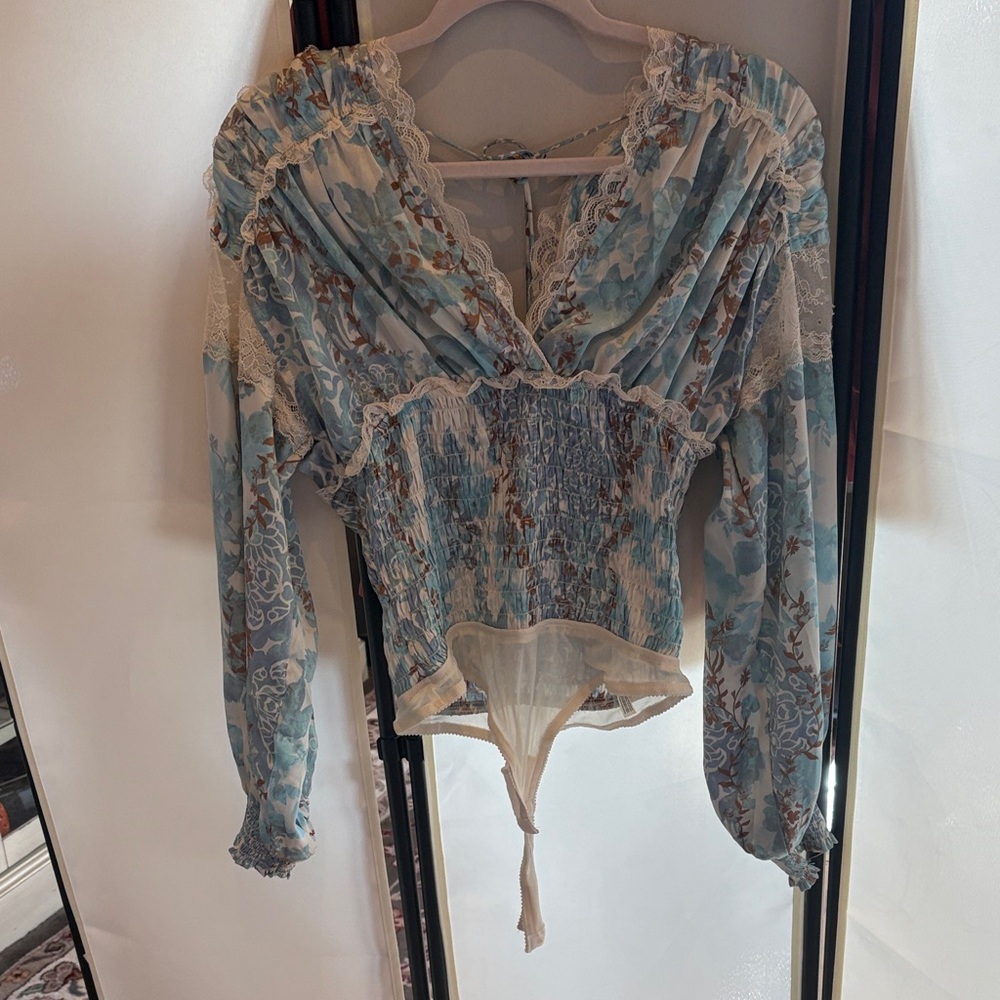 Free People Blue Floral Lace-Trim Smocked Bodice Blouse